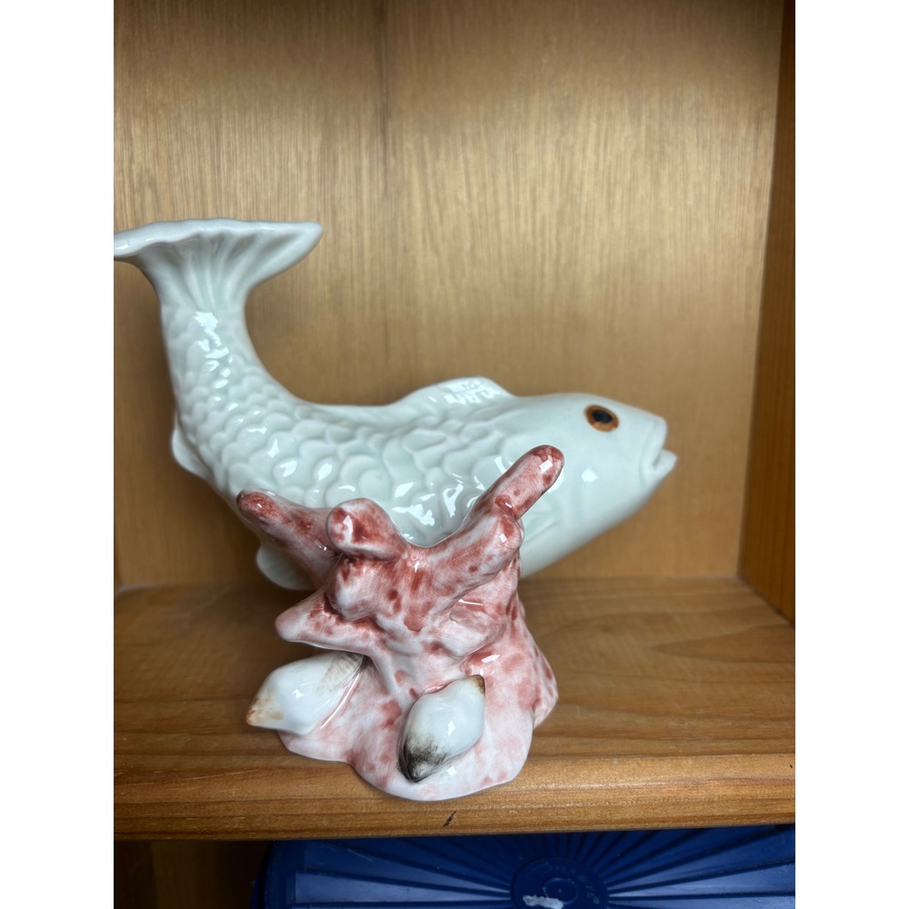 Vintage Ceramic White Fish Figurine Pink Coral Base Nautical Coastal Home Decor